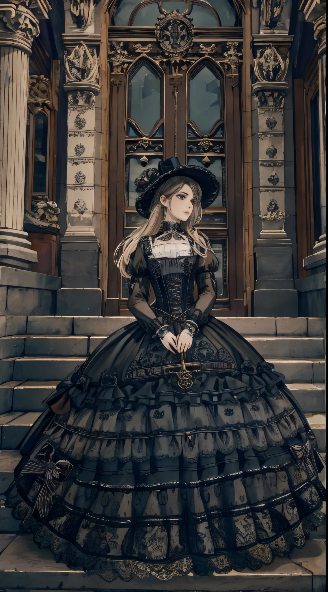 A woman in a dress and boots is standing in front of a building, baroque dress, in detailed steampunk dress, an elegant gothic princess, victorian gothic lolita fashion, Historical Baroque Dress Dark, black gothic lolita dress, fantasy style clothing, rococo dress, black rococo, classical witch, fantasy outfit, wearing a gothic dress, romantic dress, gothic dress