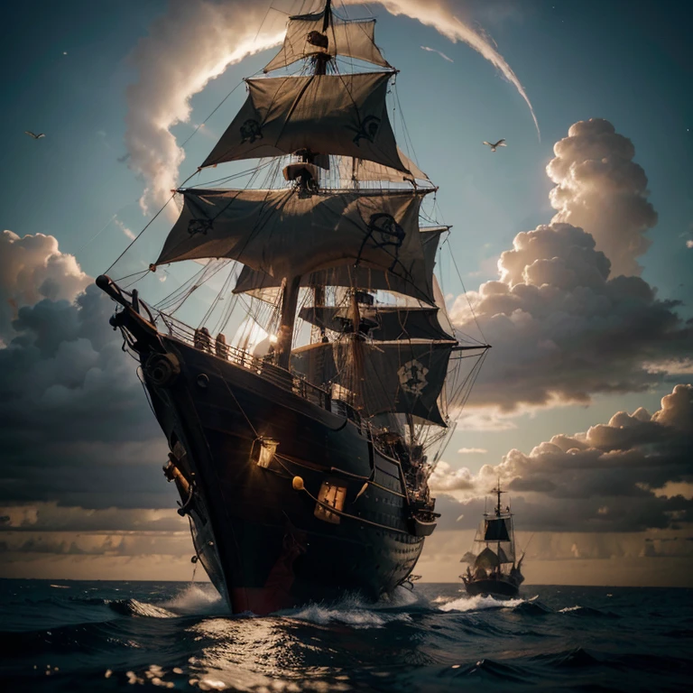 (pirate ship),(illustration),(wooden texture),woman figurehead,(detailed carving on figurehead),(high quality,4k,ultra-detailed),(realistic),(vivid colors),(sunset color palette),(dramatic lighting),ocean waves,skull and crossbones flag,mysterious atmosphere,hidden treasure chest,swirling clouds,rope details,rowing oars,pirate crew,stormy seas,ship's wheel,pirate captain with eyepatch and hat,seagulls flying,old cannons,fighting pirates,treasure map,skull island silhouette,glowing moonlight,adventure theme,intricate details,roaming sails,sturdy wooden planks,majestic mast。