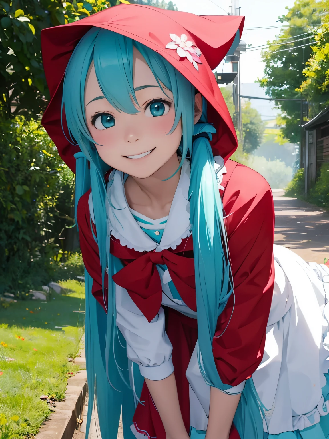 miku hatsune,10yaers old,red riding hood,Play party,look at me and smile kindly,Flower Garden,hachikuji mayoi
