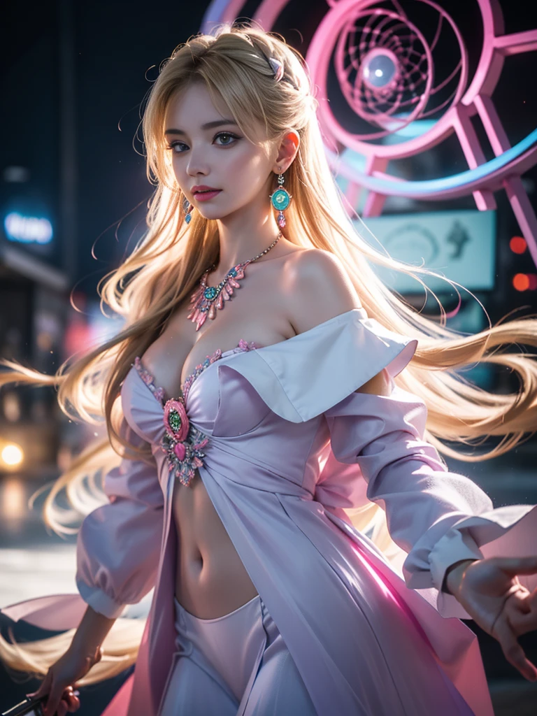 tmasterpiece,Highest image quality,super detailing,Best quality at best ,Extremely Delicately Beautiful, Very meticulous,Best quality at best, offcial art, extremely detaild的 CG unified 8k wallpapers, Ana de Armas portrait photo, hugefilesize,blond hair blue eyes,Radiant skin and radiant eyes, pretty skin, (Detailed lighting:1.2), (Beautiful and detailed light:1.3), The beautiful婚纱, deep understanding, The beautiful, iintricate, digitial painting, smooth private parts, Focus sharp, The end of the world, Epic reality, (HighDynamicRange:1.4), captivating curves,(pastel colour:1.4), Bigchest,(最The beautiful样子),The end of the world的,(The best look,), giving up, com cores neutras, natta, Screen space refraction, (Complicated details, ultra - detailed:1.3), (The sexiest look,),art stations, Cinema lenses, vignet, the complex background, buliding,Enchanted smile,detailed back ground,Dream catcher earrings in various colorlack in color,white colors,in pink,purpleish color,red colour,blue colors,orange colors,green color,Cyan lacks color,),No shoulder strap,blossom print,