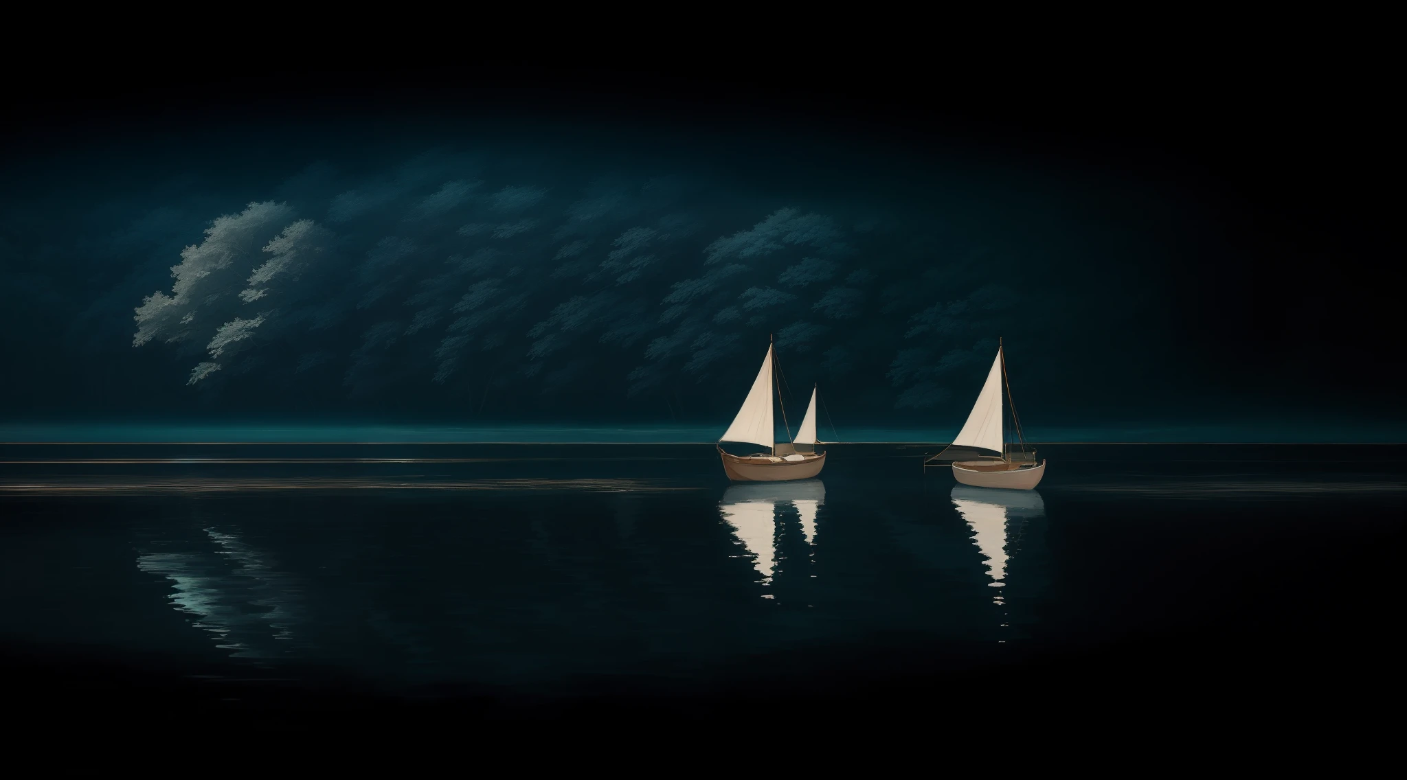paint an 8k oil painting representing "still waters run deep". Use a variety of techniques and elements to convey the contrast and complexity of the water and its underlying meaning. Apply thin layers of transparent paint on a dried surface to achieve depth and subtlety. Create strong contrasts between light and dark areas to add drama and emphasis. Blend colors and edges to create a soft and mysterious effect. two boats in the water, calm, Include reflections, objects, and colors that depict the personality or situation of the subject, symbolizing the profound and abundant nature of water. Your painting should capture the tranquility and serenity of the water, while also expressing the hidden secrets and unexpected revelations that lie beneath. Implement glazing, chiaroscuro, and sfumato techniques as part of your artistic approach.