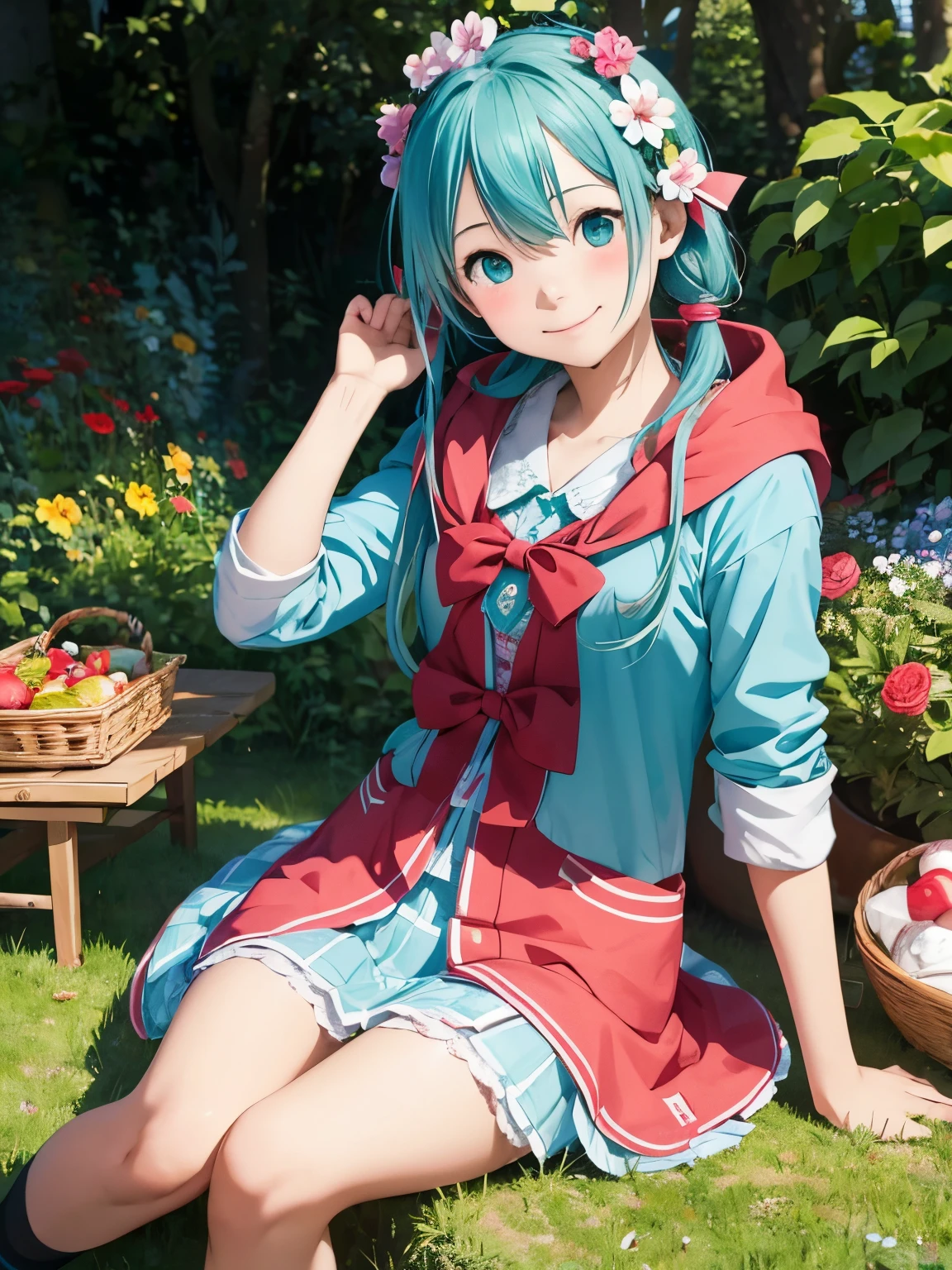 miku hatsune,10yaers old,red riding hood,Play party,look at me and smile kindly,Flower Garden,hachikuji mayoi