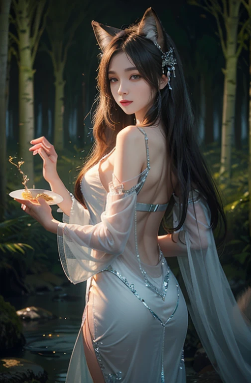 interesting fox/Female human hybrid spirit with enchanting eyes, ethereal beauty, and a mysterious atmosphere. Delicate transparent layered fur flows in rich colors.、The tail sways gracefully. Enchanting forest background with enchanting lighting, Evokes a sense of otherworldly magic.+"