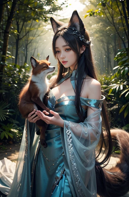 In the quiet night,the moonlight bathes the fox spirit in silver light,draping her in a diaphanous long dress. With her long,black hair cascading down her back,she exudes an elegant and refined aura. She has beautiful big eyes,they are as bright as stars,seeming to penetrate into your heart.,
Seated gracefully on a stone bench in the courtyard,she gently plucks at her pipa,producing melodies as melodious as flowing water. Accompanied by her music,you feel as if you were immersed in a fairyland.,
As the night deepens,the fox spirit\'s figure becomes more and more enigmatic under the moonlight. Her smile is captivating,and her eyes hold a profound mystery. In this magical night,you fall deeply into her bewitching charm,unwilling to wake up.,