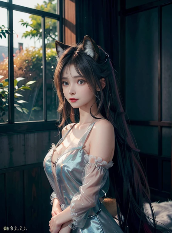 interesting fox/Female human hybrid spirit with enchanting eyes, ethereal beauty, and a mysterious atmosphere. Delicate transparent layered fur flows in rich colors.、The tail sways gracefully. Enchanting forest background with enchanting lighting, Evokes a sense of otherworldly magic.+"