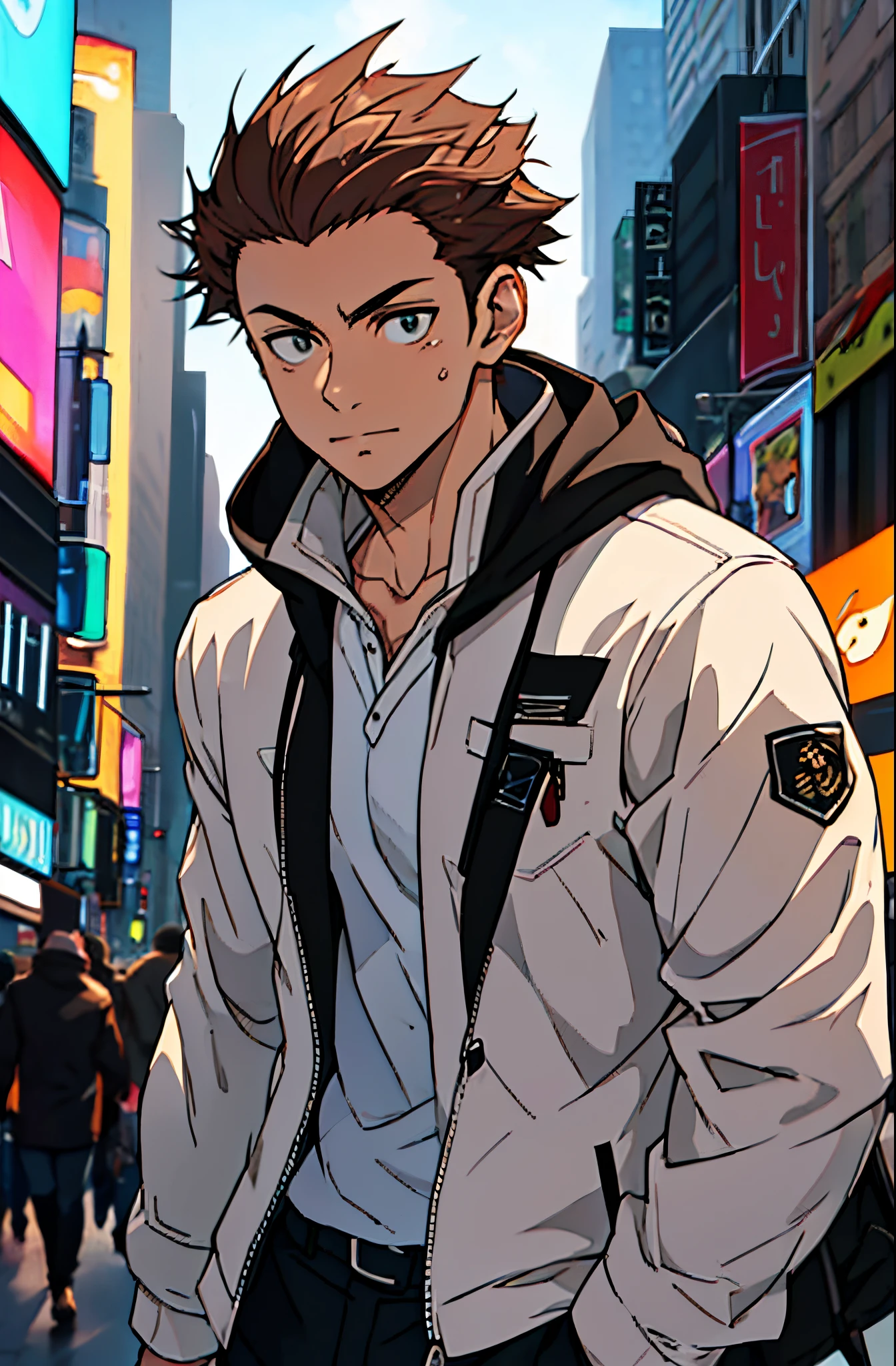 A mais alta qualidade, 8K, image high resolution, Detailed strokes, no meio de uma avenida movimentada estilo Times Square, inverno, apoiado em um dos postes, adolecente, lion men, wearing a cold jacket , slightly unbuttoned jacket showing a bit of his chest, masculo, chest a little tight in the shirt , (angulo de baixo), (perto da camernas definidas, defined arms, abdomen definido, com a camisa,