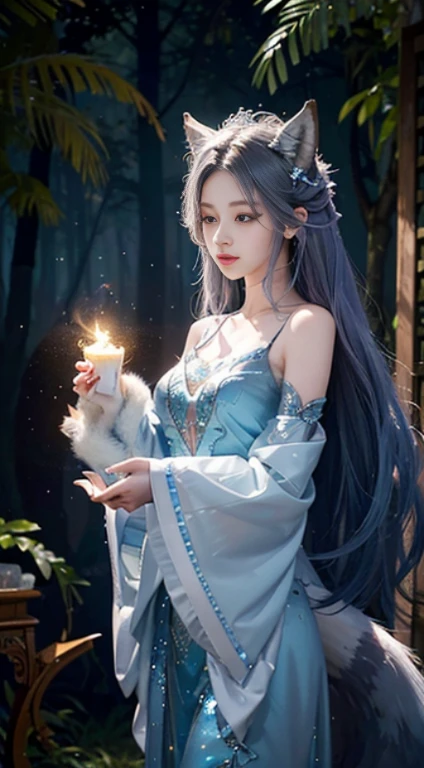 interesting fox/Female human hybrid spirit with enchanting eyes, ethereal beauty, and a mysterious atmosphere. Delicate transparent layered fur flows in rich colors.、The tail sways gracefully. Enchanting forest background with enchanting lighting, Evokes a sense of otherworldly magic.+"