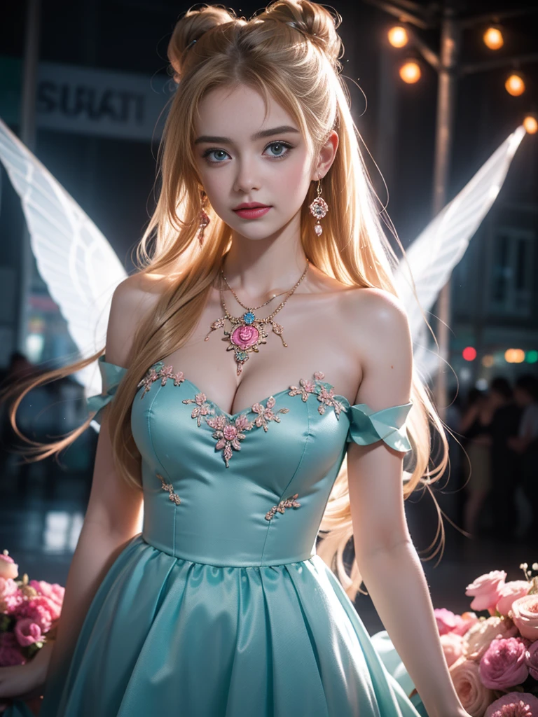 ((muste piece、highest quality、8K、very detailed and intricate details、The most complex and detailed textures、Ultra high definition、bright and gentle lighting、the mildest texture、the smoothest texture))、(The background is a fairy courthouse:1.3)、(Very delicate and intricately shining small wings:1.2)、(Upper body photo of standing fairy prostitute princess:1.1)、(Small fairy wings with very intricate patterns:1.2)、(The most luxurious and sacred prostitute costume:1.2)、((The most beautiful fairy tale princess in the courthouse Fairy tale prostitute fairy princess、High chroma、fantasyに輝く小さな妖精の羽、Gives off a fairytale-like glow、High-quality costumes with elaborate decorations、Shining transparent fairy tale wingantastic, fairy tale light、The background is a complex and sacred garrison palace.、mysterious garrison、優しいfairy tale light、fairy tale sparkle、fairy tale atmosphere、fantasy、The most complex and sacred prostitution costume、the most beautiful fairy princess in the world、Faithfully reproducing the sacred atmosphere, Perfect down to the last detail、The most intricate and detailed garrison、The most sacred and luxurious costume of a courtesan、 calm and full of light、luxurious tiaras and necklaces、A garrison house filled with holy light、fantasy、神聖な光に包まれるfantasyな妓楼、very calm and bright、Half Japan and half Russian、blue eyes、blonde、あなたがlook at meときの最高の笑顔、beautiful wavy hair、slender、big and full breasts))、(Japan'The most gorgeous whore fairy goddess:1.1)、((The most gorgeous prostitution goddess huge costume、The most vivid and luxurious costume Iglon costume、purple and pink glitter costume、purple and pink gems、Luxurious costumes decorated with plenty of jewels、very intricate decoration))、(look at me、bewitching smile、Perfect makeup、long eyelashes、lipstick、pink eyeshadow、perfect anatomy、the biggest smile)