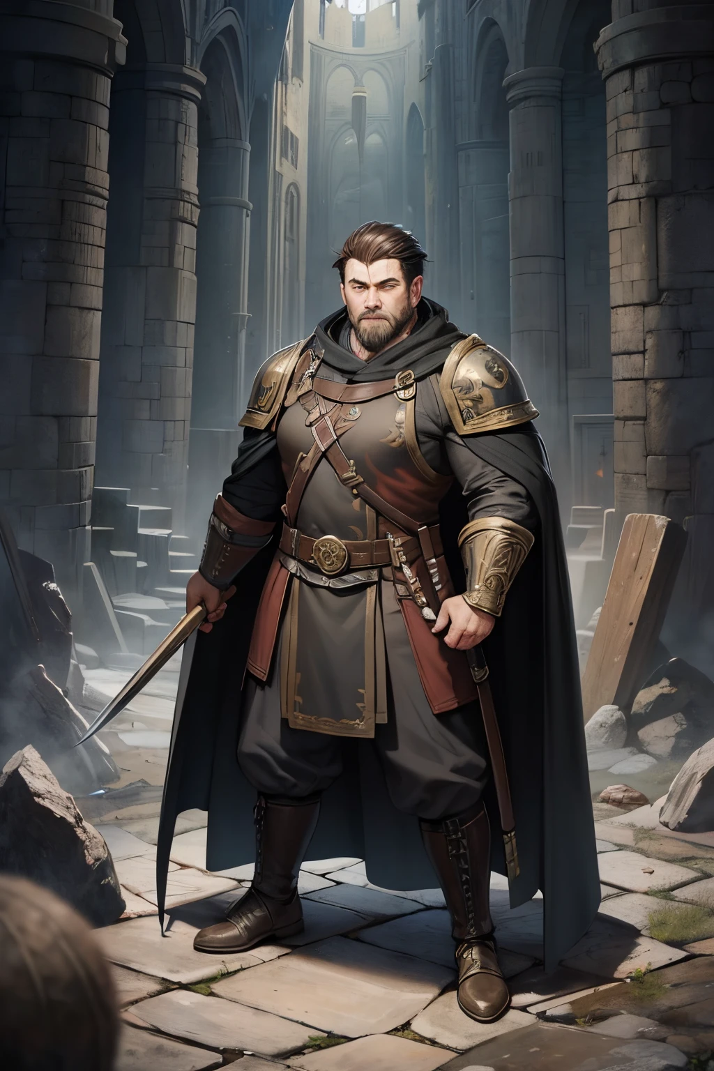 Dwarf, Blood Hunter, stonemason, and darkness hunter, 1.4 meters tall, 94 kg, short brown hair with gray strands, brown scarred skin, piercing green eyes, black cloak for night missions, leather attire, inherited sharp axe with family crest, short sword and throwing knives on the belt, light and flexible leather armor, leather gloves, family crest shield on the arm