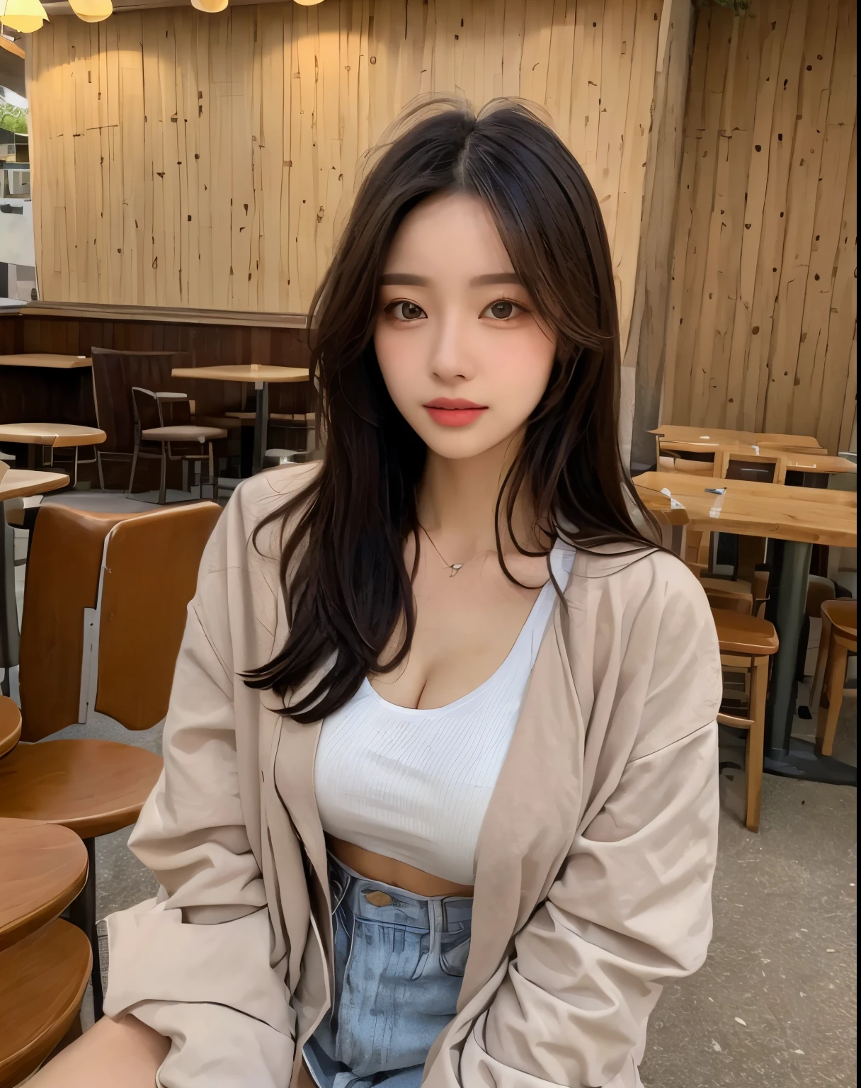 (((Best Quality, 8K, Masterpiece: 1.3,)), high-definition facial features, delicate facial feature, 1girl, Slim Abs Beauty: 1.3, ((long hair, Big Breasts: 1.3)), ((((wearing causal attire with jacket)))), Fine Face, (((Delicate Eyes))), Double Eyelids, Smile, looking at the viewer, (full body 1.5), (((inside a western cafe sitting))), ((((natural background))))