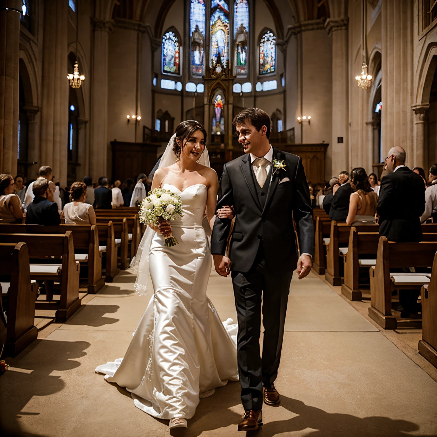 Bride and groom walking down aisle of church together at wedding ...