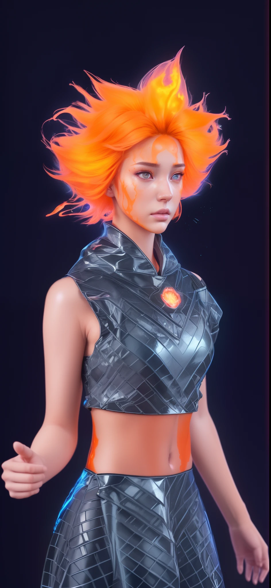 there is a beautiful girl with (elemental fire flame hair:1.2), black squared pattern top, reflective glossy clothes, (sad face), sadness emotions, look in camera, inspired by Russell Dongjun Lu, flume, 3 d render, highly detailed vfx portrait, made entirely from gradients, highly detailed vfx portrait, ryan glitter concept artist, jen bartel, joel fletcher, hyper realistic color photo, (fire girl orange skin 1.2), detailed clothes, detailed flame hair