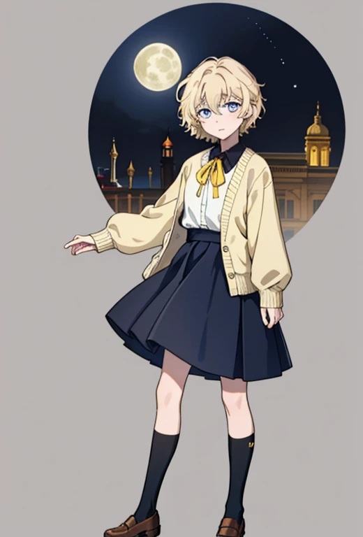 Masterpiece , best quality , solo , 1girl , short_hair , short blonde hair , blue eyes , pale skin , soft smile expression , black collared shirt with yellow ribbon , brown cardigan with long puffy sleeves , black shirt pleaded skirt , black tights , brown school shoes , simple background , holding a full moon