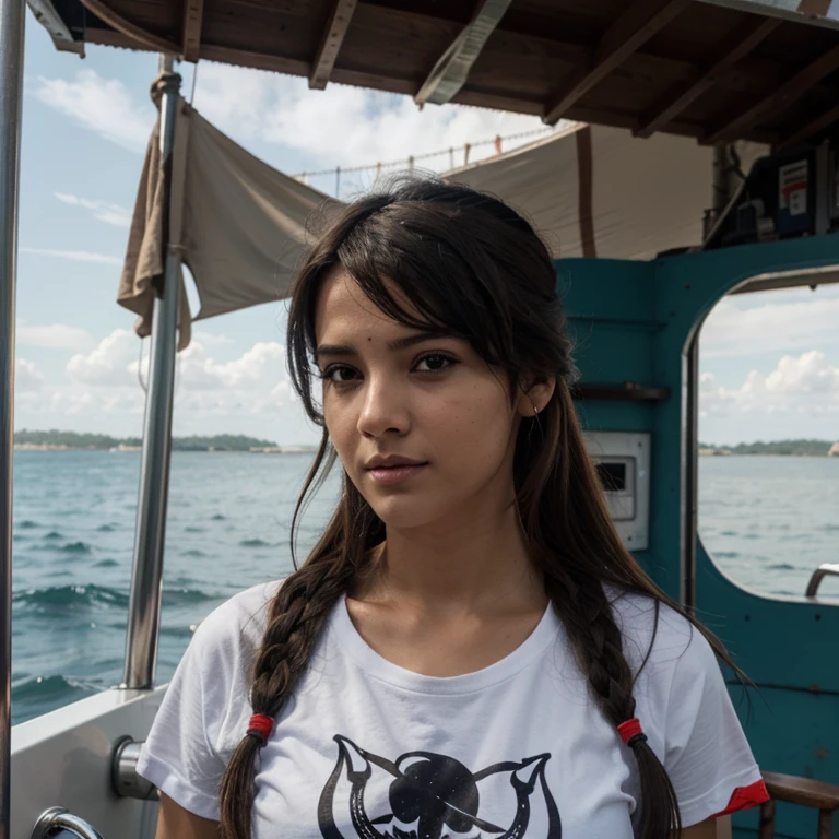 una estampa para camisa de um barco de pirata com um toten de uma mulher entalhada na frente do barco
