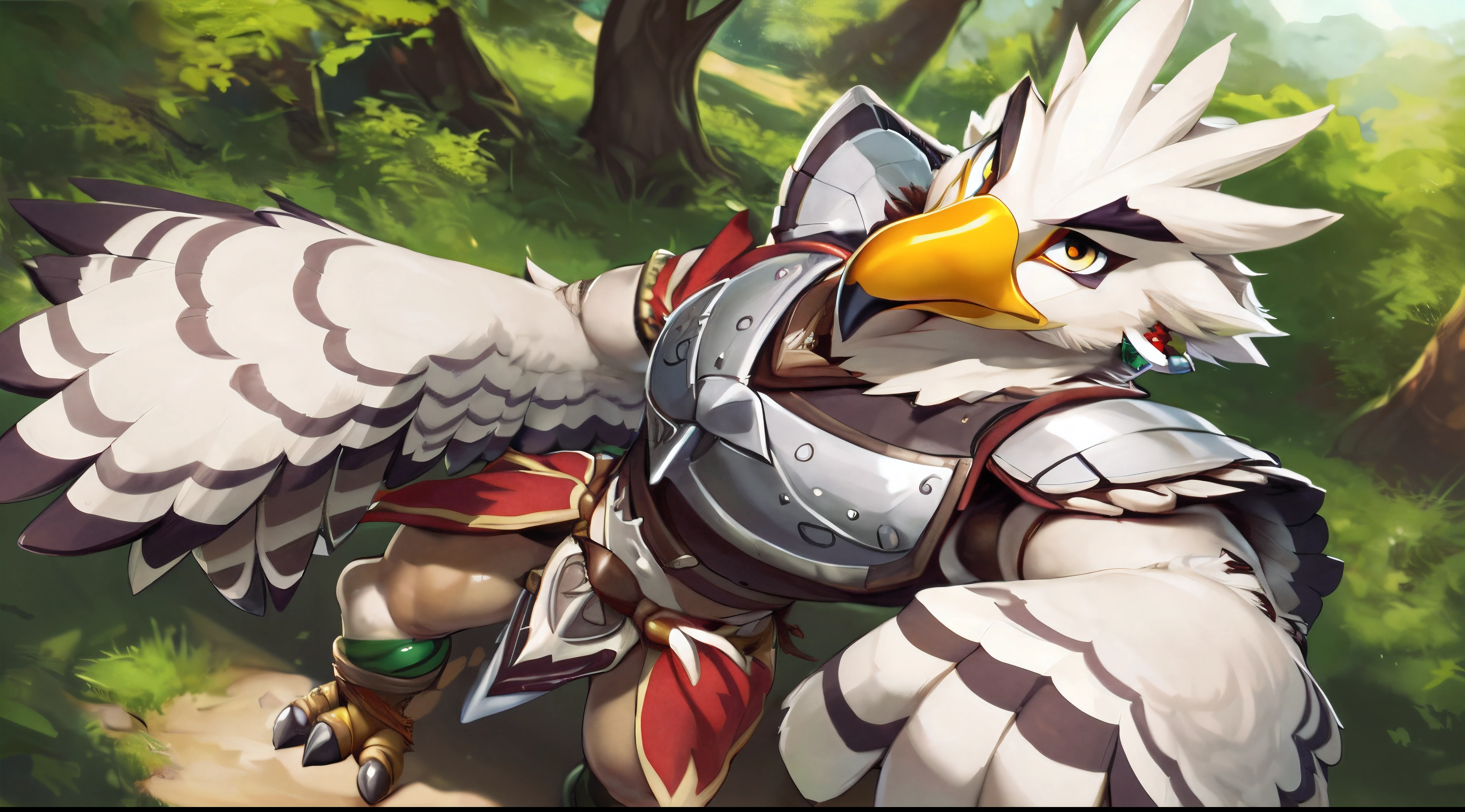 ((((by null-ghost, by darkgem, by kumak))), (Teba, Rito:1.8), 1boy, solo, detailed feather, detailed eyes, finely detailed paws, beaks, yellow eyes, white sclera, safe, markings, bow, (loincloth, light armor, leather armor , archer outfit:1.5), muscular, bushes, forest, sun, dynamic scene, cinematic lighting, long shot, shot from above,