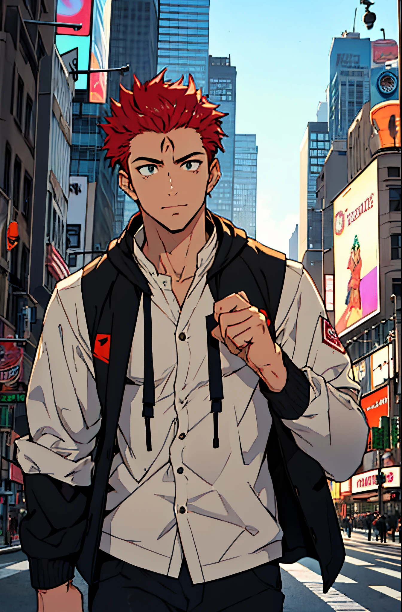 A mais alta qualidade, 8K, image high resolution, Detailed strokes, no meio de uma avenida movimentada estilo Times Square, inverno, apoiado em um dos postes, adolecente, Red Hair , wearing a cold jacket , slightly unbuttoned jacket showing a bit of his chest, masculo, chest a little tight in the shirt , (angulo de baixo), (perto da camernas definidas, defined arms, abdomen definido, com a camisa,