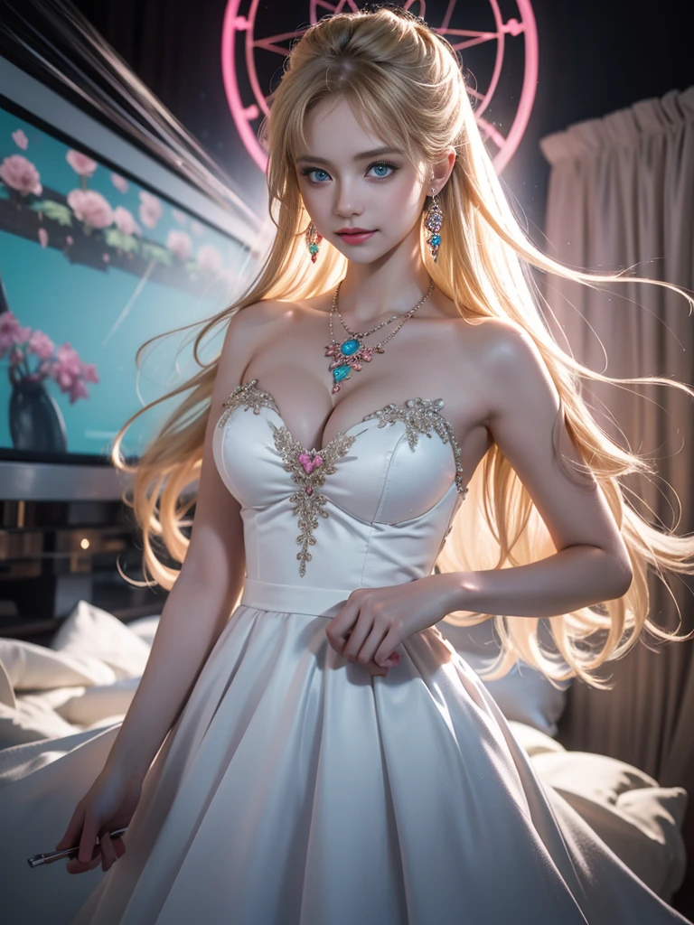 tmasterpiece,Highest image quality,super detailing,Best quality at best ,Extremely Delicately Beautiful, Very meticulous,Best quality at best, offcial art, extremely detaild的 CG unified 8k wallpapers, Ana de Armas portrait photo, blond hair blue eyes,Radiant skin and radiant eyes:1.1), pretty skin, lamplight, (Detailed lighting:1.2), (Beautiful and detailed light:1.3), beautiful wedding dress, deep understanding, The beautiful, iintricate, digitial painting, smooth private parts, Focus sharp, The end of the world, Epic reality, (HighDynamicRange:1.4), captivating curves,(pastel colour:1.4), Bigchest,apocalyptic, giving up, com cores neutras, natta, Screen space refraction, (Complicated details, ultra - detailed:1.3), Dream Catcher Necklace,art stations, Cinema lenses, vignet, the complex background, buliding,Enchanted smile,detailed back ground,Dream catcher earrings in various colors,white colors,in pink,purpleish color,red colour,blue colors,orange colors,green color,cyan colors,),