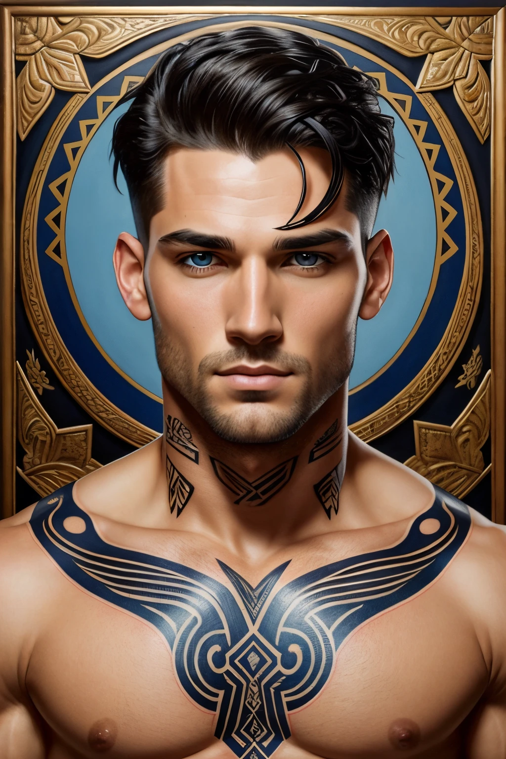 ultra realistic portrait painting of a perfect handsome man blue eyes black hair, neck tribal snake tattoo, painted by Tristan Eaton Stanley Artgerm and Tom Bagshaw