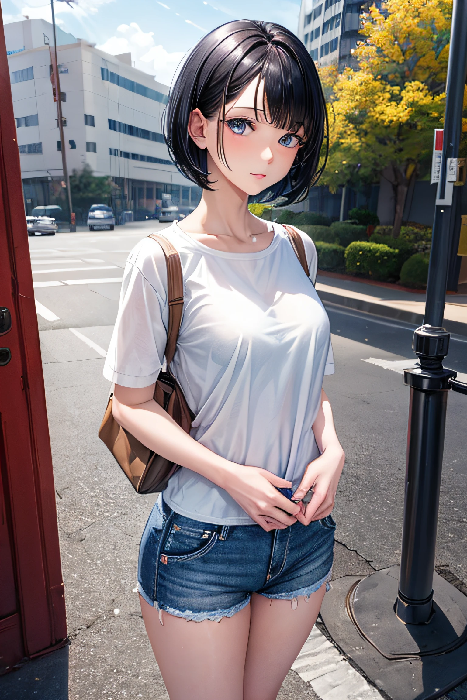 1girl, short black hair, blue eyes, wearing plain white shirt, denim, sneakers, standing shorts, city, seductive look, absurdres, high res, ultrasharp, 8K, masterpiece, looking at viewer masterpiece, best quality , looking at viewer