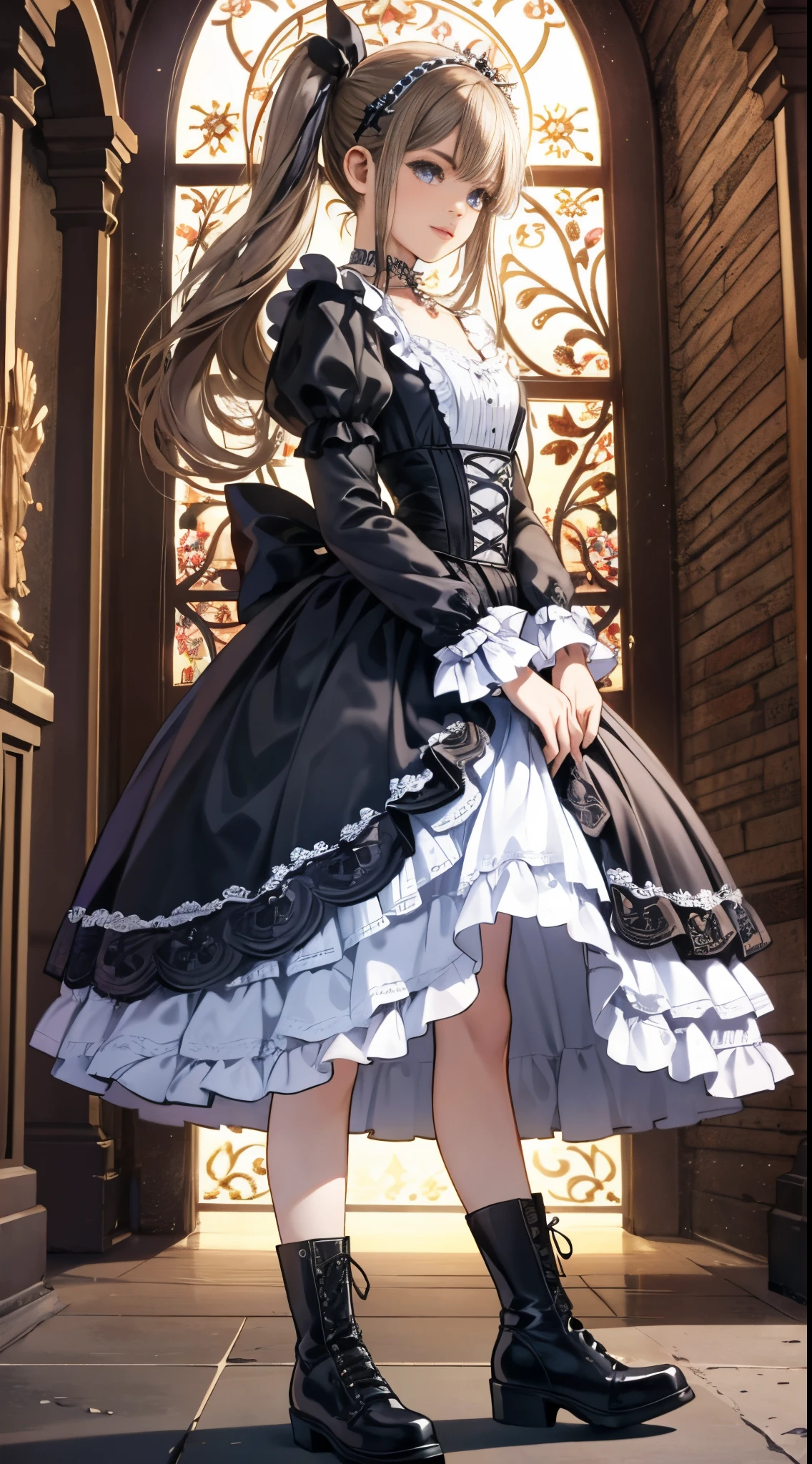 A woman in a dress and boots is standing in front of a building, baroque dress, in detailed steampunk dress, an elegant gothic princess, victorian gothic ta fashion, Historical Baroque Dress Dark, black gothic loliress, fantasy style clothing, rococo dress, black rococo, classical witch, fantasy outfit, wearing a gothic dress, romantic dress, gothic dress