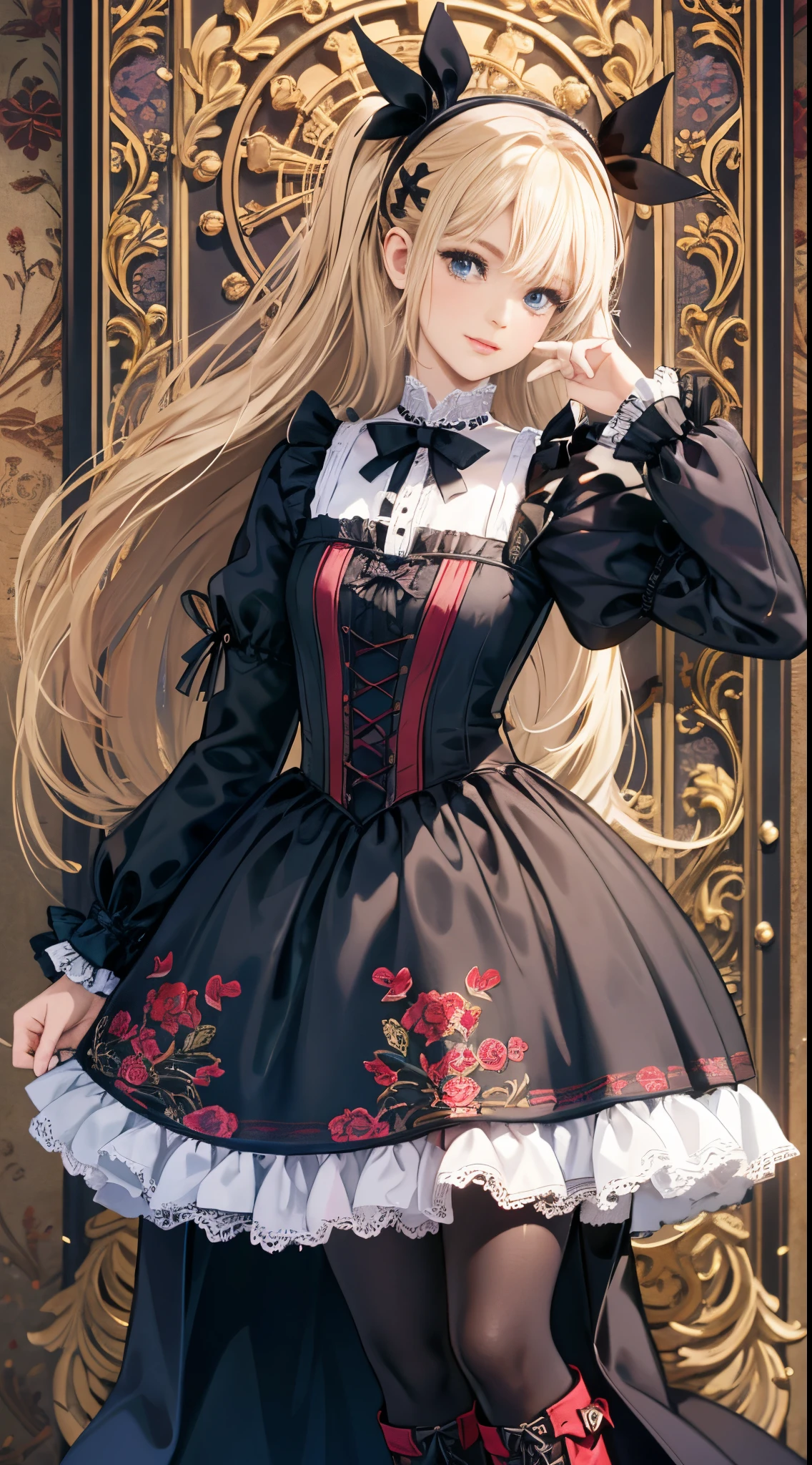 A woman in a dress and boots is standing in front of a building, baroque dress, in detailed steampunk dress, an elegant gothic princess, victorian gothic lolita fashion, Historical Baroque Dress Dark, black gothic lolita dress, fantasy style clothing, rococo dress, black rococo, classical witch, fantasy outfit, wearing a gothic dress, romantic dress, gothic dress