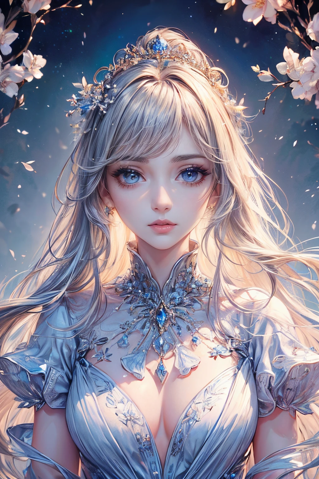 (best quality,8k,cg,beautiful detailed bust,solitude,thumb girl,sheer court gown,floral background,intricate facial features,flowing long hair,almond eyes,elaborate eye makeup,long fluttering eyelashes,blinking big eyes,starry sky,delicate lip details,soft style)