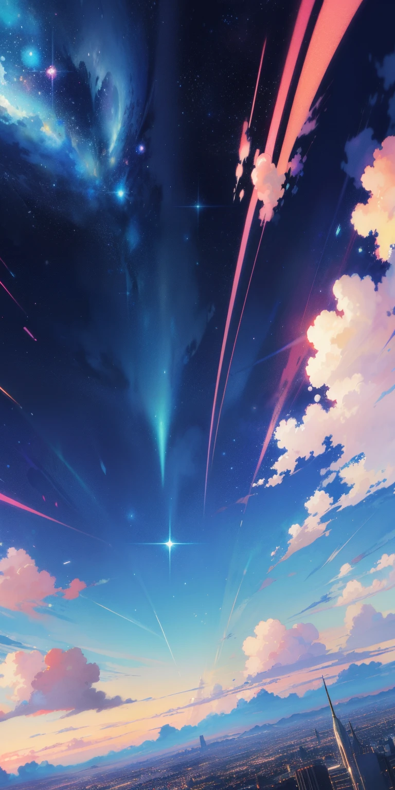 anime - style scene of a beautiful sky with a star and a planet, cosmic skies, Cityscape. by makoto shinkai, anime art wallpaper 4k, anime art wallpaper 4 k, anime art wallpaper 8 k, anime wallpaper 4k, anime wallpaper 4 k, 4k anime wallpaper, anime sky, amazing wallpaper, anime background, heaven planet in background, anime background art