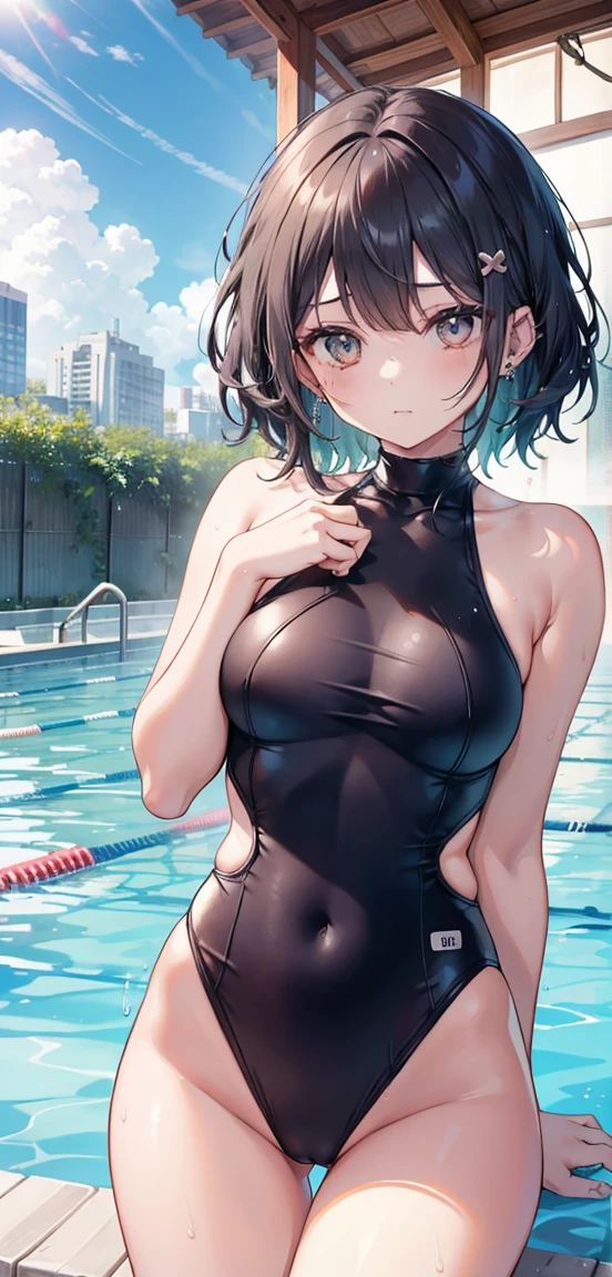 1 girl, watery big eyes*Su Jiushui*Wet hair*hair open*ear studs*swimmingpool>,, Low RA:Add to_the detail:1,One-piece swimsuit,