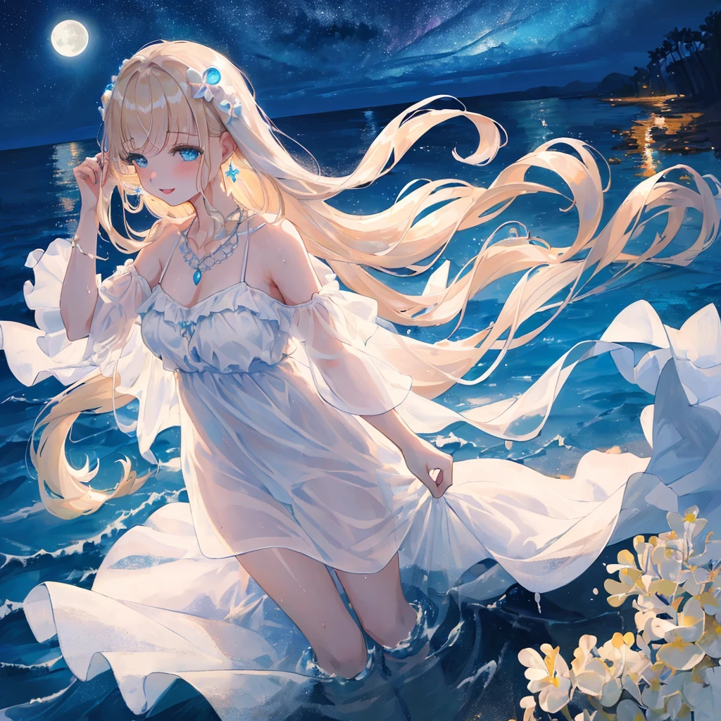 happy,(((masterpiece))),best quality,white Sheer sundress,ocean,((night sky)),Lying on Sea,from above,(beautiful detailed girl),earrings,long hair,swept bangs,blond hair, (1 girl),hand in own hair,wind,water splash,Full moon night on background,platinum necklace