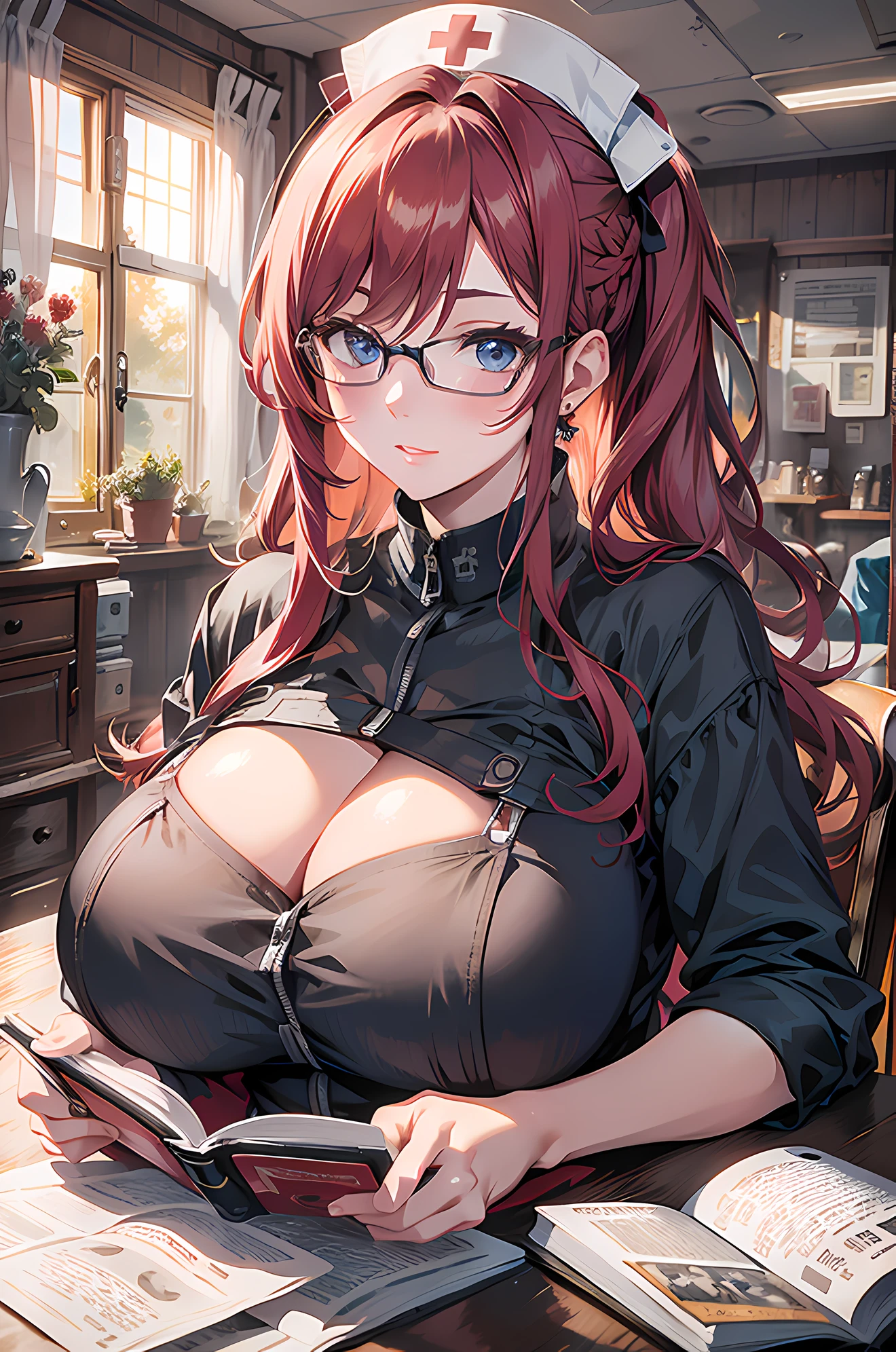 absurd, 8K, high resolution, Ultra-detailliert, beautiful, Meisterwerk, best quality, very pretty woman, Jung, rotes Haar, Altenpfleger, (very huge breasts:1.4), (lange hochgesteckte Haare:1.6), Lesebrille, detailliertes Frauengesicht, Sehr attraktiv, Im Altenheim