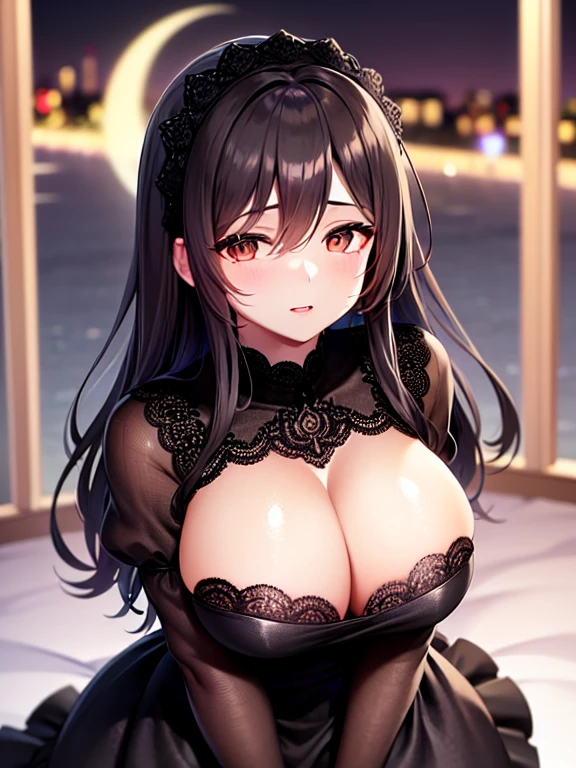 masuter piece top-quality Top image quality ((30 years old beautiful mature woman)) ((lace black summer dress)) (cleavage of the breast) (hason) Thigh up Standing figure ((Park at night moonlights))