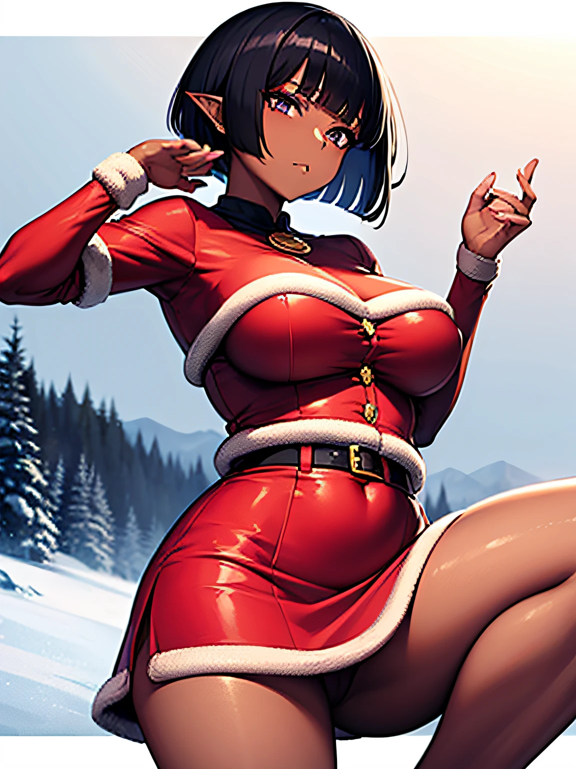 ((masutepiece)), ((Best Quality)), Expressive eyes, Perfect face, BREAK, 1 Lady, (Dark skin:1.4), pointy ear, (chubby:1.2), (Middle chest:1.4), Black hair, blunt bangs bob cut, Purple eyes, santa, (frozen forest snow:1.4), (posing for camera:1.4), (Manos Details:1.4),Red mini skirt :1.4)