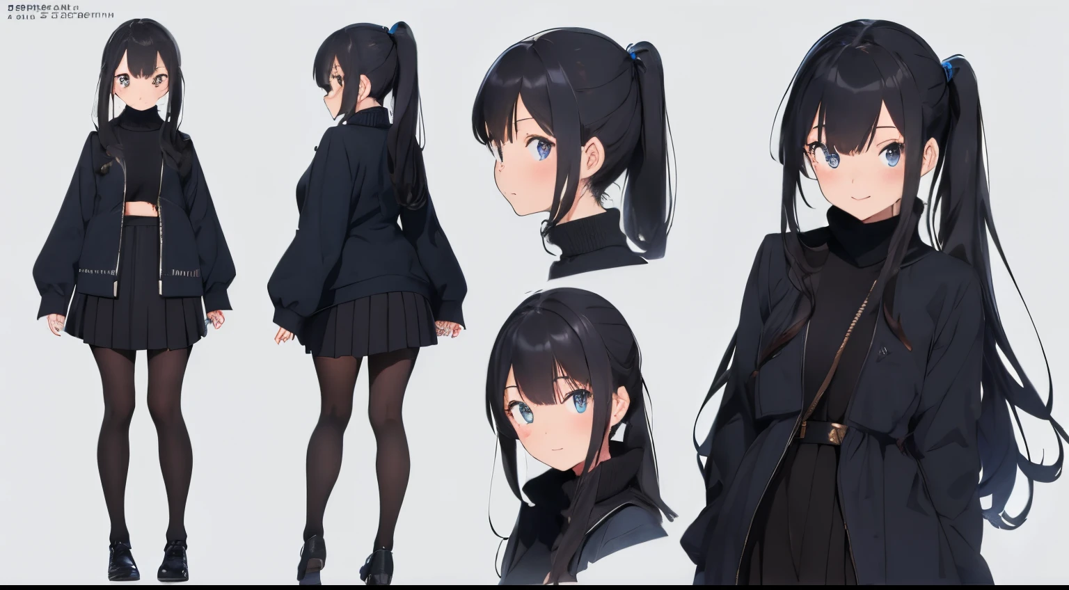 masterpiece, best quality, detailed beautiful face and eyes, black tights, 1girl,20 years old,(concept art, official art,full body)(three sided view:1.3), simple background, black long hair, high ponytail, blue jacket, black turtleneck, Drape skirt, laugh, future taste