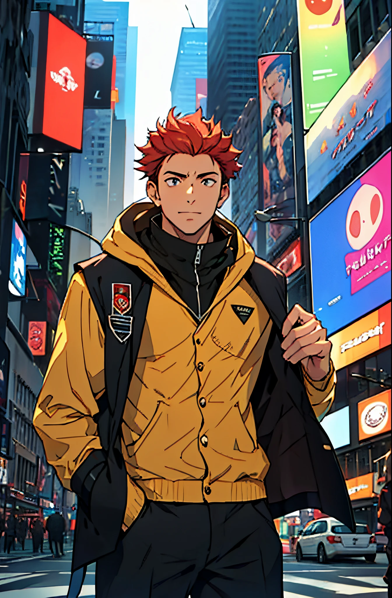A mais alta qualidade, 8K, image high resolution, Detailed strokes, no meio de uma avenida movimentada estilo Times Square, inverno, apoiado em um dos postes, adolecente, lion men, wearing a cold jacket sleeveless , slightly unbuttoned jacket showing a bit of his chest, masculo, chest a little tight in the shirt , (angulo de baixo), (perto da camernas definidas, defined arms, abdomen definido, com a camisa,