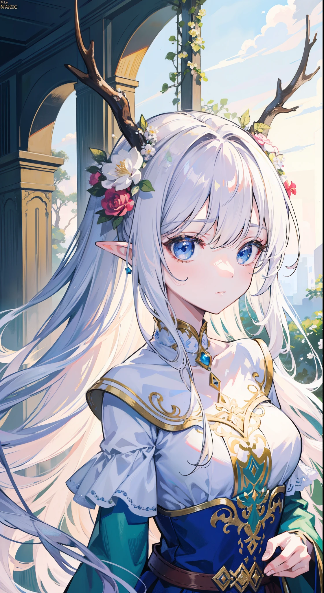 high quality, masterpiece, Delicate facial features, Delicate hair, Delicate eyes, Delicate hair, anime girl, deer antlers color hair, florals, Dreamy style, Fantastic flower garden, fantasy style clothing, Romantic dress, beautiful and elegant elf queen, Fantasy art style, Anime fantasy illustration, fey queen of the summer forest, anime art nouveau, goddess of the forest, portrait of an elf queen, A beautiful artwork illustration,8K high quality detailed art(Delicate facial portrayal)(Fine hair depiction)(highest quality)(masterpiece) 8k wallpaper,masterpiece, Best quality at best, ultra - detailed