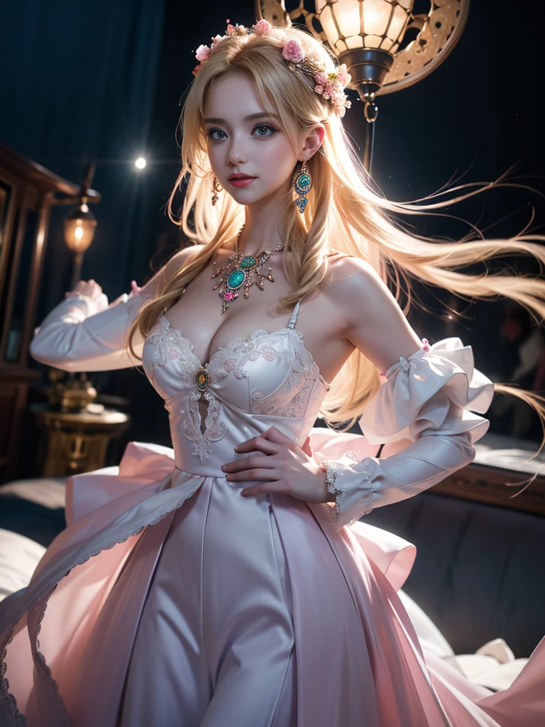 tmasterpiece,Highest image quality,super detailing,Best quality ,Extremely Delicately Beautiful, Very meticulous,Best quality, offcial art, extremely detaild的 CG unified 8k wallpapers, Ana de Armas portrait photo, blond hair blue eyes,Radiant skin and radiant eyes:1.1), pretty skin, lamplight, (Detailed lighting:1.2), (Beautiful and detailed light:1.3), beautiful wedding dress, deep understanding, The beautiful, iintricate, digitial painting, smooth private parts, Focus sharp, The end of the world, Epic reality, (HighDynamicRange:1.4), captivating curves,(pastel colour:1.4), Bigchest,apocalyptic, giving up, com cores neutras, natta, Screen space refraction, (Complicated details, ultra - detailed:1.3), Dream Catcher Necklace,art stations, Cinema lenses, vignet, the complex background, buliding,Enchanted smile,detailed back ground,Dream catcher earrings in various colors,white colors,in pink,purpleish color,red colour,blue colors,orange colors,green color,cyan coloracing the audience,