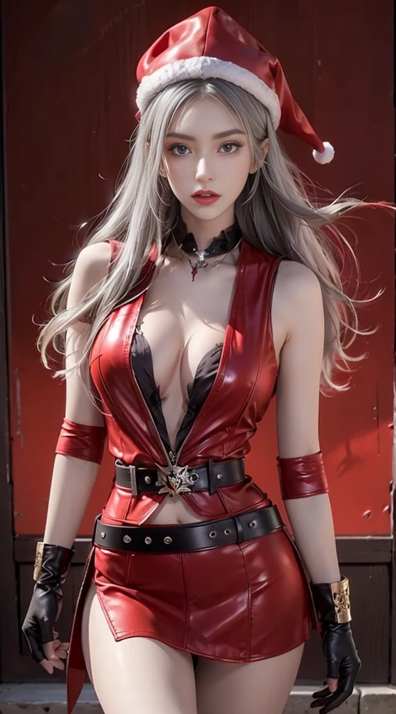 full body Esbian, of the highest quality, Intricately detailed skins, Shiny skin, Shiny hair, pale complexion，Colossal tits ,Big breasts), 　Red sky,　Red Moon， in a castle, ((Skull Mark)), ambitious, Seductive Woman, Gray hair, Long hair, Hair fluttering in the wind, Skull mask on half of the face, Detailed tattoos, Red Santa Clothes, Red sleeveless clothes, Red leather coat, Leather gloves, Solid Gold Bracelet, Leather skirt, Red mini skirt , Hat with skull marker, (Leather Belt), Look far away