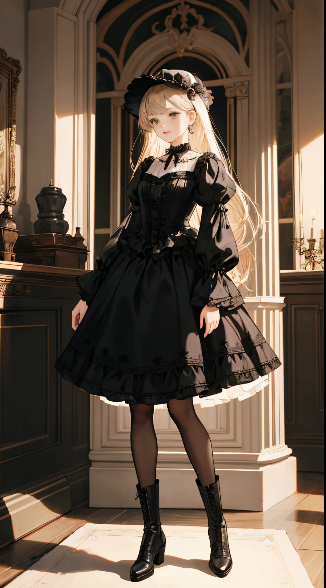 A woman in a dress and boots is standing in front of a building, baroque dress, in detailed steampunk dress, an elegant gothic princess, victorian gothic lolita fashion, Historical Baroque Dress Dark, black gothic lolita dress, fantasy style clothing, rococo dress, black rococo, classical witch, fantasy outfit, wearing a gothic dress, romantic dress, gothic dress