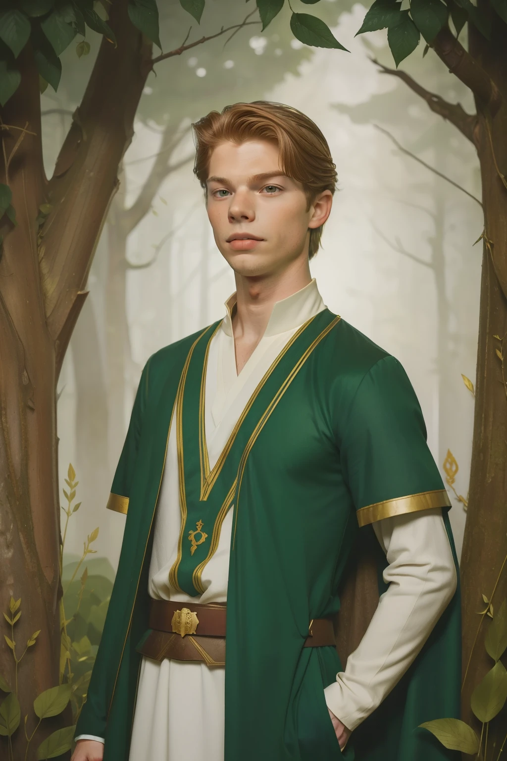 1136, Earlcastle, England. otherworldly scene in a forest, ((((19-year-old)) Hunter Parrish)), ((sadistic expression, smirk)), ((((elegant tunic from the 12th century)))), ((Hairstyle of the 12th century)), ((Wes Anderson cinematic style)), colorful