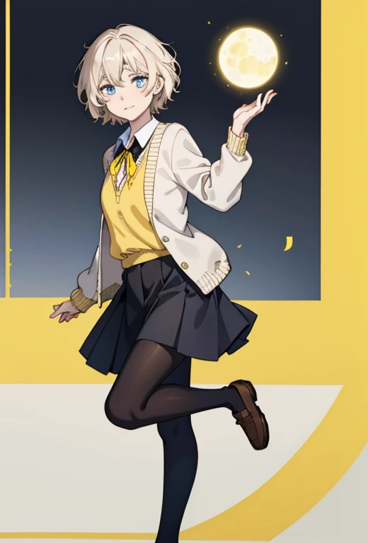 Masterpiece , best quality , solo , 1female , short platinum blonde hair , pale skin , blue eyes , soft smile expression , collared black shirt with yellow ribbon , brown cardigan over shirt , black short pleaded skirt , soft black tights , brown school shoes