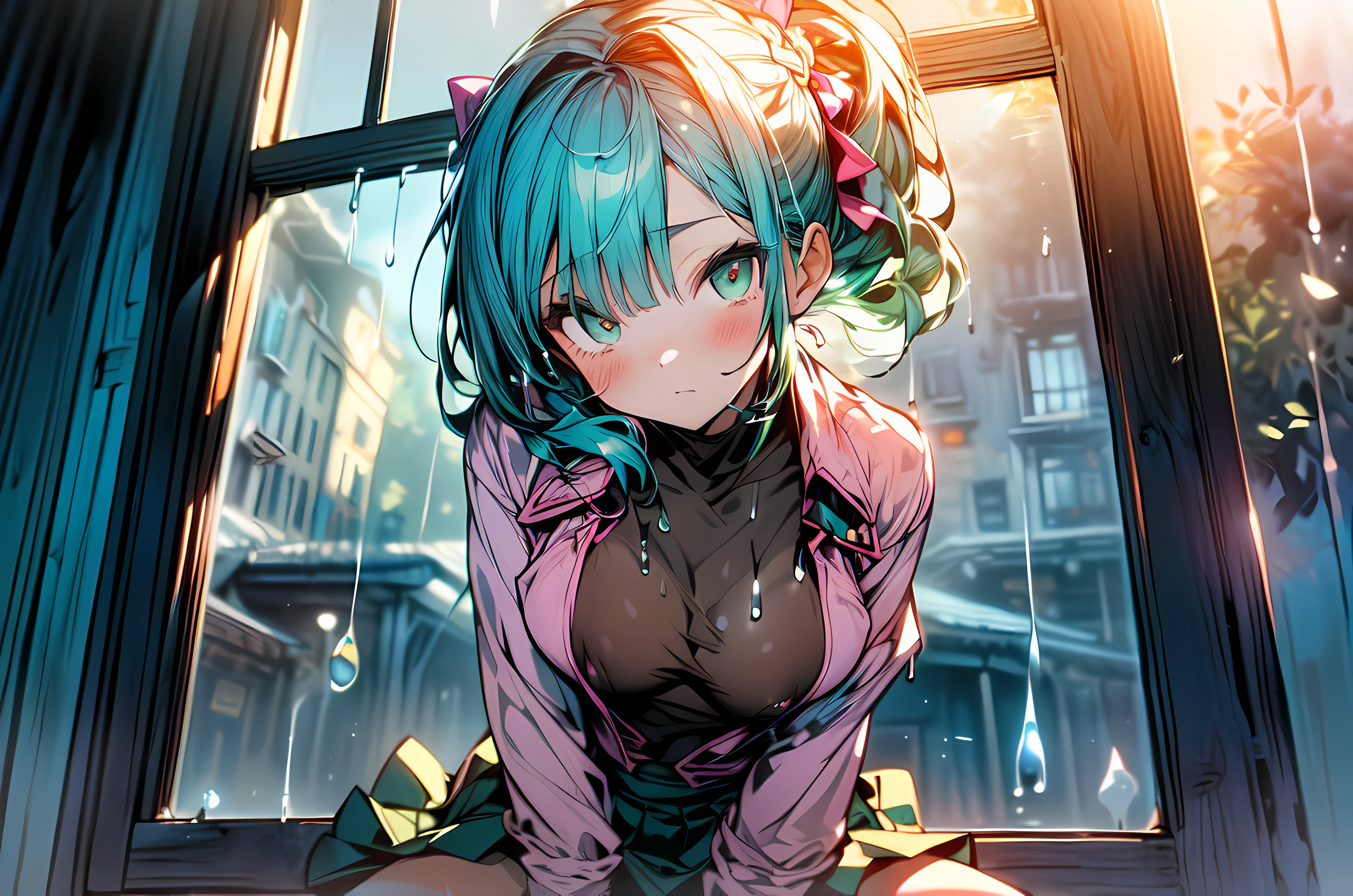 (((school classrooms、180cm large window glass、Girl standing in front of the window and masturbating outside., (View from outside through the window glass、voyeurism)、Medium bust、 Press your chest against the window glass、honey on the window glass、 morning, Sunlight, Best Shadows, The best lighting, covers her crotch with her right hand、cover your eyes with your left hand、uniform skirt falls to the ground、Chest flicker、no-bra、(extended downblouse)、Spread your legs apart)))、( A cute high school girl wearing a uniform only on her upper body、masturbation、masturbation、tiptoeing、Lower body nudity)、smooth translucent white skin、(extremely details CG、Unity、8K Wallpapers)、(extremely delicate and beautiful)、(masterpiece)、(top-quality:1.0)、(超A high resolution:1.0)、(Precise human body structure)、(Full limbs)、(Two arms)、(2 legs)、(complete fingers)、( Slender beauty)、(Not muscular)、 ((((Expressive eyes, Perfect face, 1girl in, good breasts、round breast、Medium bust、cleavage、Pink nipples、pink areolas、Eliminate nipple protrusions、 Feminine,Blushing,The girl is Bulma from Dragon Ball、Hair Ribbon,braided ponytails, green colored hair、Girls' Cats'covered with fur、clean and not hairy、clean、 Not Moriman、Real、Clear love juice drips from the crotch)))、cum on、(red blush:1.3)、beautifully lit landscape、idyllic scenery、serene landscape、Beautiful Landscapes、stunning landscape、Perfect view