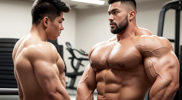 (Very detailed 8k wallpaper), two asian men, muscle worship, arms folded, At the gym, high detailing, buzzcut, very large and strong body, bulging muscles, well-muscled, very large pectoral muscles. Very sexy abs, legs are muscular, Toned figure, lightens oily skin, muscular, Tank top, T-shirt, longshot, Wide Shot