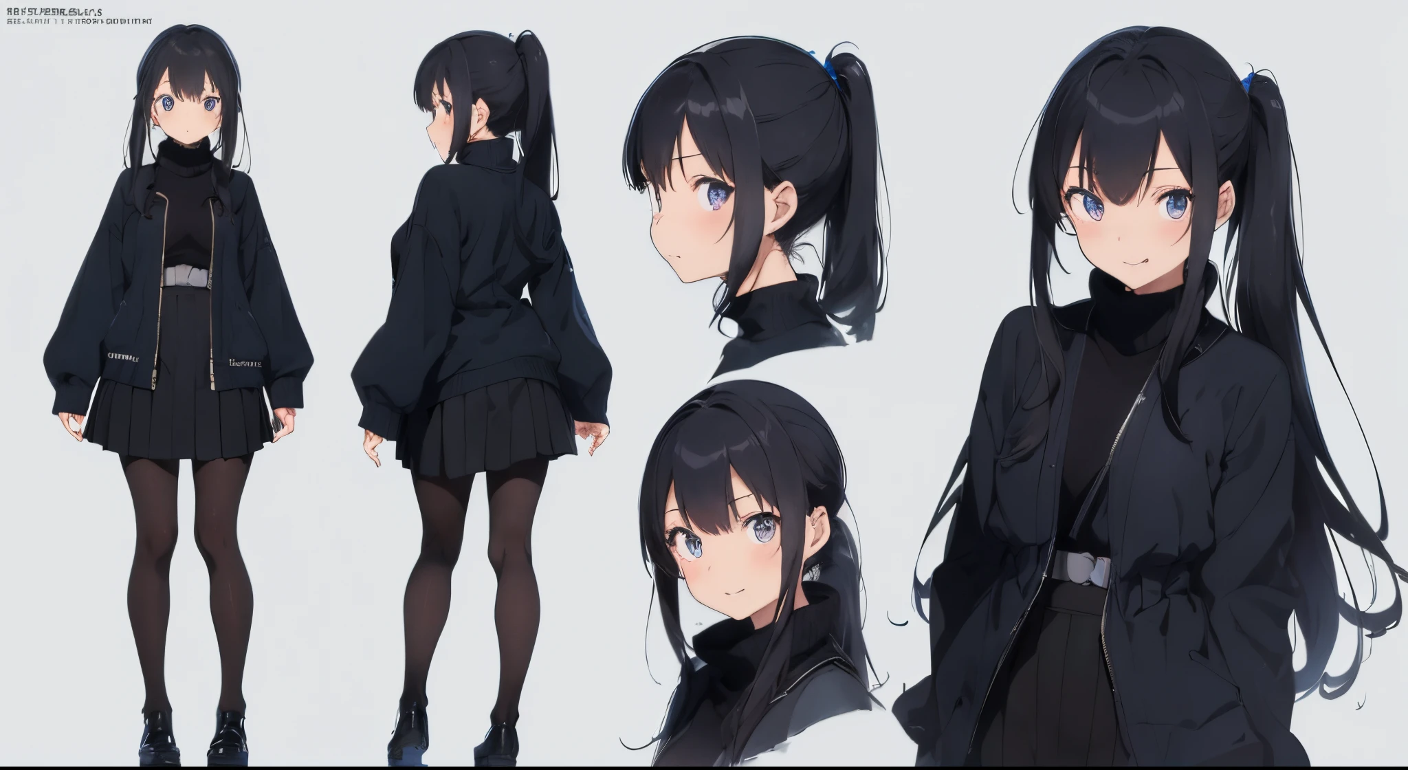 masutepiece, Best Quality, Detailed beautiful face and eyes, Black tights, 1girl in,20 years old,(Concept art, Official art,Full body)(three sided view:1.3),  Background, Black Long Hair, High Ponytail, Blue jacket, Black turtleneck, Draped skirt, Laugh, taste of the future