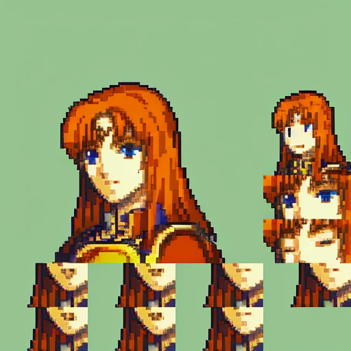 solo focus, quarterbody, frames, saturated sprite, 1girl, blue eyes, dark orange hair, long hair, soldier, red armor