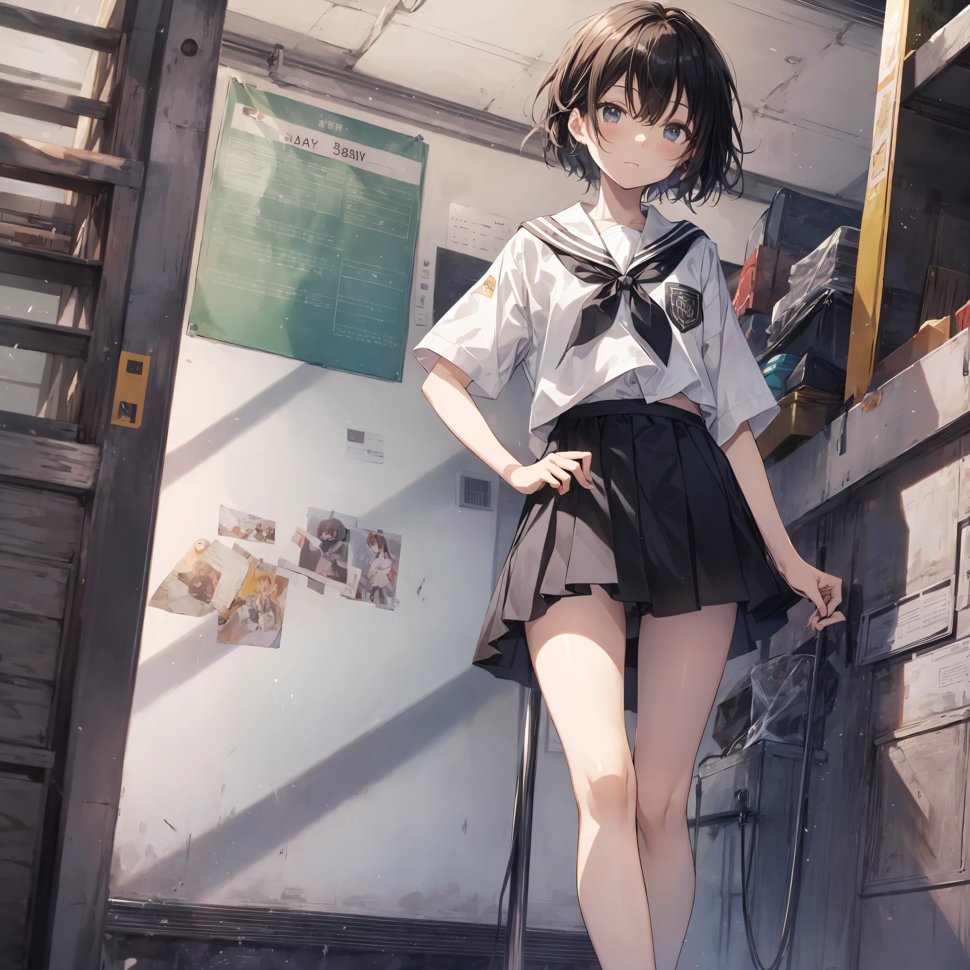 Super high quality by the art god, Ultra-detailed, High resolution, anime moe art style, Best Anime 8K Konachan Wallpapers, Pixiv Contest Winner, Perfect Anatomy, BREAK,(Draw a girl sleepily walking to school. ),BREAK, 1girl in, (Solo,Lori,child,13years:1.3),a junior high school student, Androgynous attraction, (Very short hair), hair messy, Full limbs, complete fingers, flat chest, Small butt, groin, Small eyes,Beautiful detailed black eyes, Well-proportioned iris and pupils, disgusted eye, School uniform, Skirt, On the way to school. BREAK,super detailed skin, Best lighting by famous artists, 8K, Illustration,