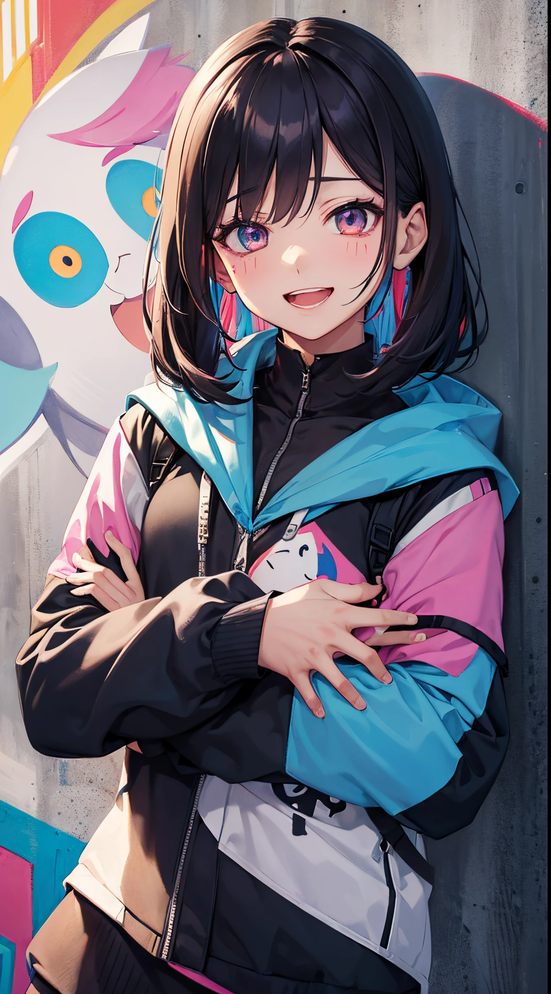 absurdres, best quality, 1girl, solo, <lora:os-tan_archlinux:1>, crossed arms, leaning to the side, looking at viewer, smug, arch linux-chan, hood up, black jacket, hooded jacket, black shorts, thighhighs, head tilt, naughty face, purple background,  (from side:1), head down, (grin:0.75), backpack,