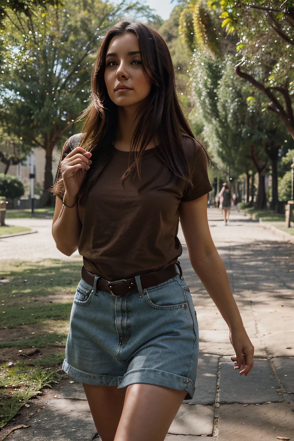 Crear una alta calidad, Imagen fotorrealista de chica con cabello ondulado paseando por el parque , mirando al espectador