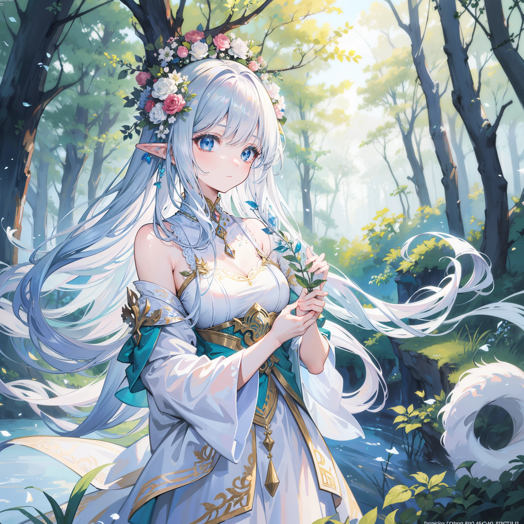 high quality, masterpiece, Delicate facial features, Delicate hair, Delicate eyes, Delicate hair, anime girl, deer antlers color hair, florals, Dreamy style, Fantastic flower garden, fantasy style clothing, Romantic dress, beautiful and elegant elf queen, Fantasy art style, Anime fantasy illustration, fey queen of the summer forest, anime art nouveau, goddess of the forest, portrait of an elf queen, A beautiful artwork illustration,8K high quality detailed art(Delicate facial portrayal)(Fine hair depiction)(highest quality)(masterpiece) 8k wallpaper,masterpiece, Best quality at best, ultra - detailed