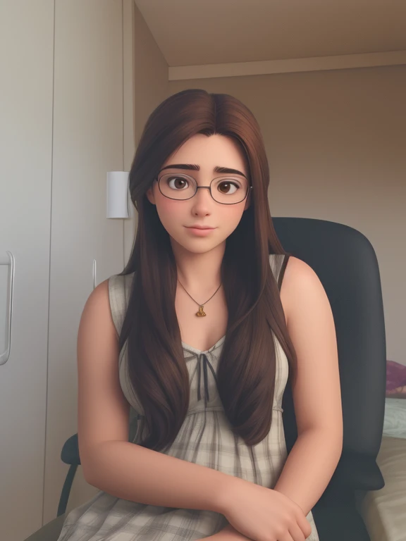 An 18-year-old woman, with long brown hair, round face, charming smile, and brown eyes, wearing glasses.