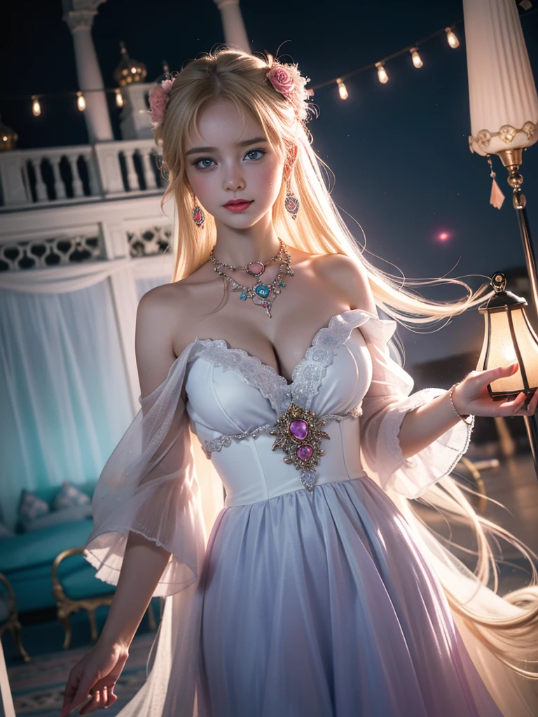 tmasterpiece，Highest image quality，super detailing，Best quality ,Extremely Delicately Beautiful, Very meticulous,Best quality, offcial art, extremely detaild的 CG unified 8k wallpapers, Ana de Armas portrait photo, blond hair blue eyes，Radiant skin and radiant eyes:1.1), pretty skin, lamplight, (Detailed lighting:1.2), (Beautiful and detailed light:1.3), Facing the audience，beautiful wedding dress, deep understanding, The beautiful, iintricate, digitial painting, smooth private parts, Focus sharp, The end of the world, Epic reality, (HighDynamicRange:1.4), captivating curves，(pastel colour:1.4), Bigchest，apocalyptic, giving up, com cores neutras, natta, Screen space refraction, (Complicated details, ultra - detailed:1.3), Dream Catcher Necklace，art  stations, Cinema lenses, vignet, the complex background, buliding，Enchanted smile，detailed back ground，Dream catcher earrings in various colors，white colors，in pink，purpleish color，red colour，blue colors，orange colors，green color，cyan colors，），